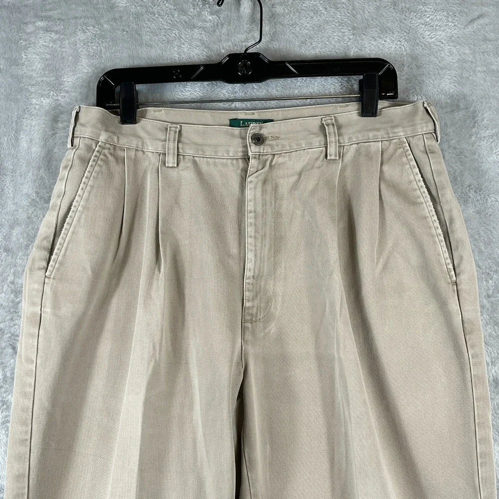 Lauren Ralph Lauren Womens 36x25 SHORT Pleated Khaki Pants High Rise VTG Preppy